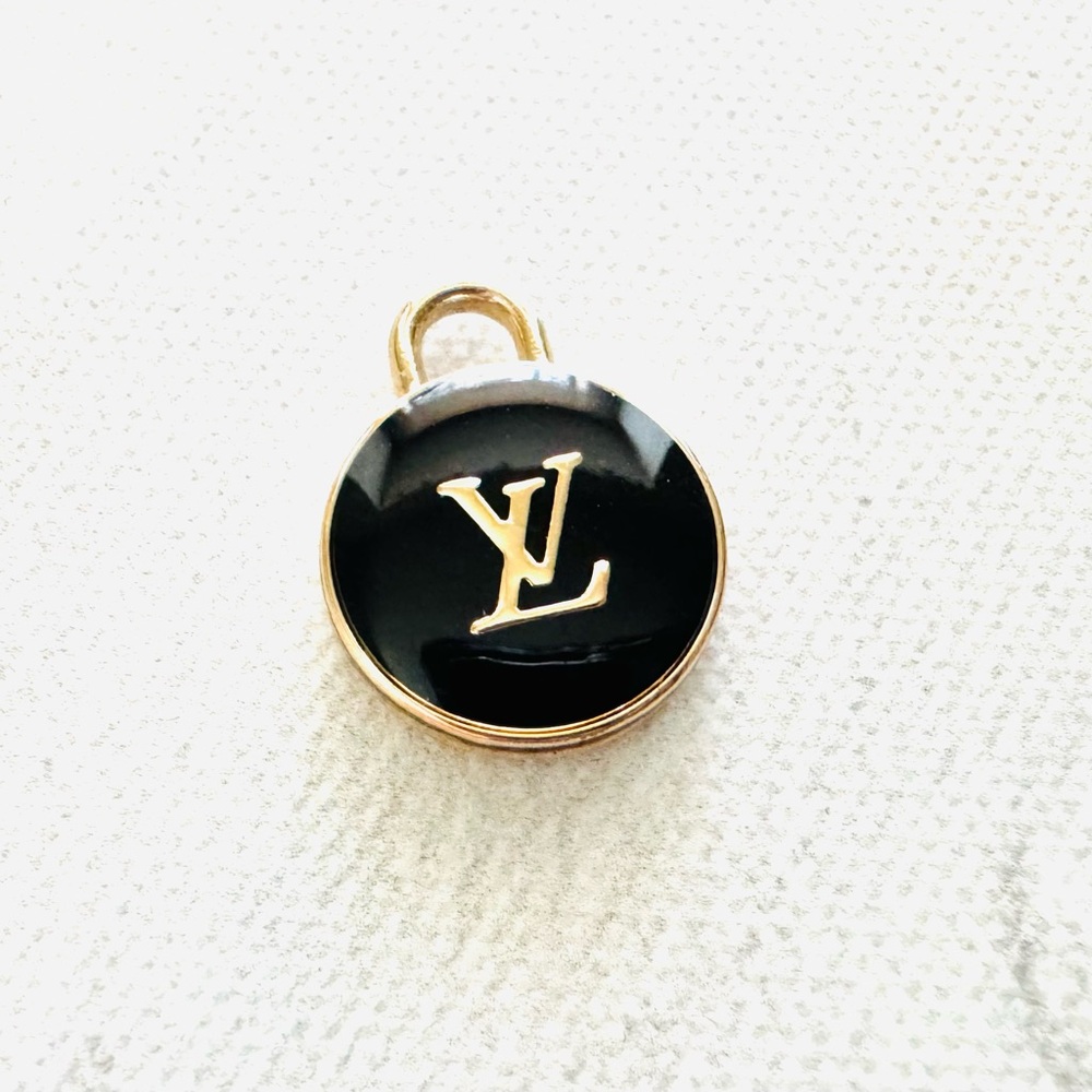 Louis Vuitton Black, Gold Rim Charm, Pendant, Upcycled Keychain, LV Logo